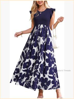 Maternity Maxi Dress with Pockets, Ruffle Sleeves, A-line, Crew Neck, Pull On